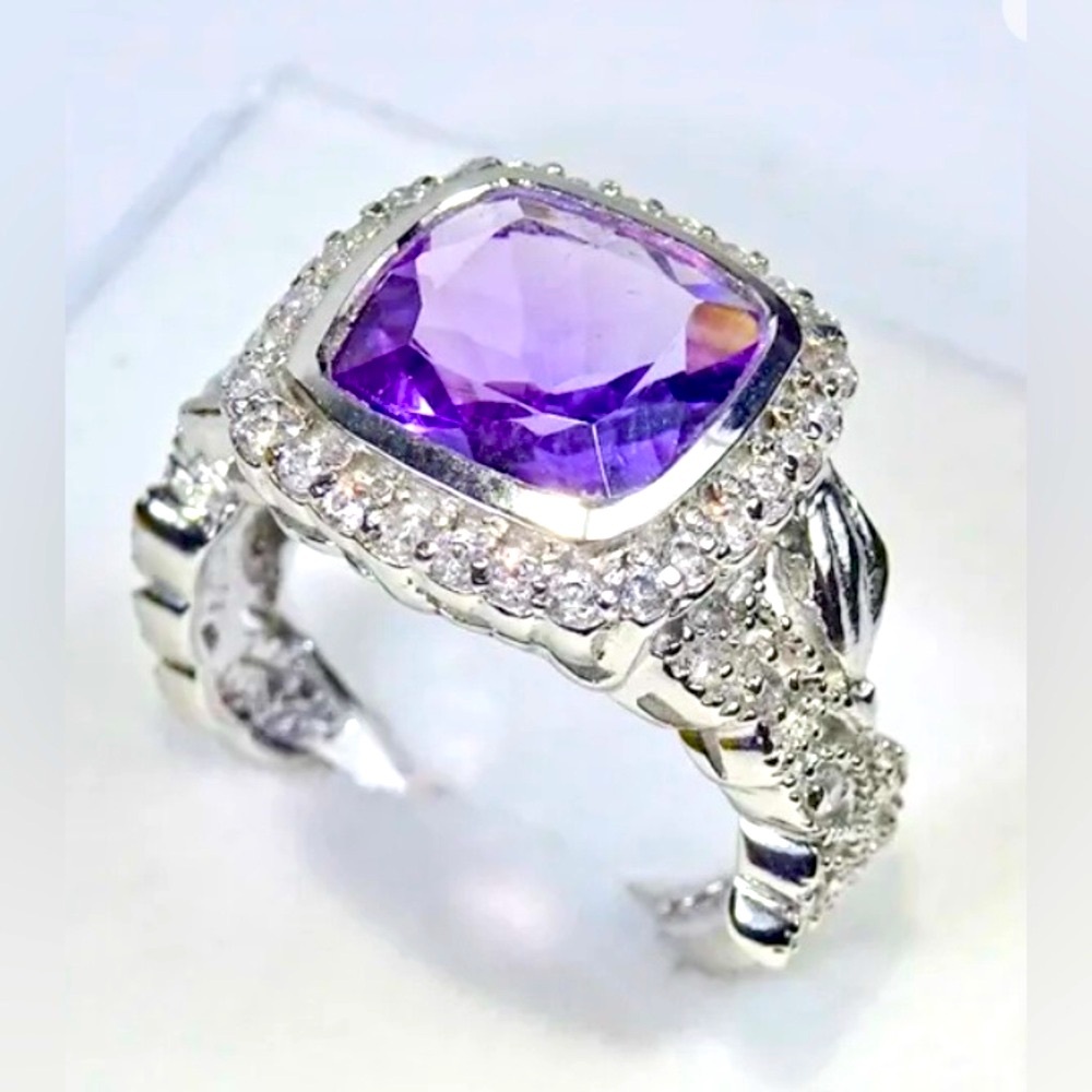 Genuine cushion cut amethyst/white zircon ring in sterling-Victorian look/ornate